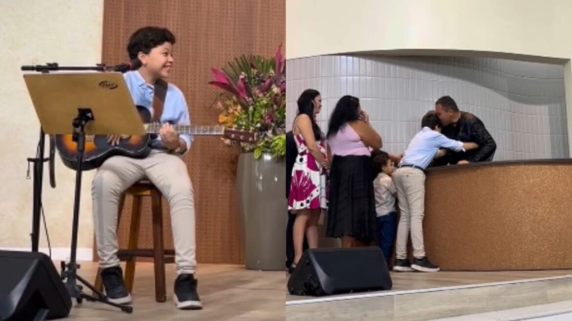 enquanto-tocava-na-igreja,-menino-se-emociona-ao-ver-pai-se-batizar-de-surpresa